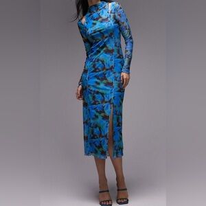 Topshop floral mesh midi dress in blue